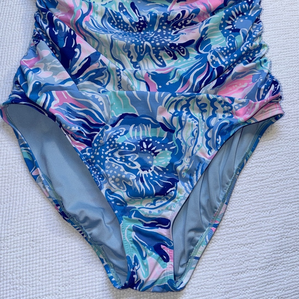 Lilly Pulitzer Blue and Pink Strapless Floral-Print One-Piece - Picture 3 of 6